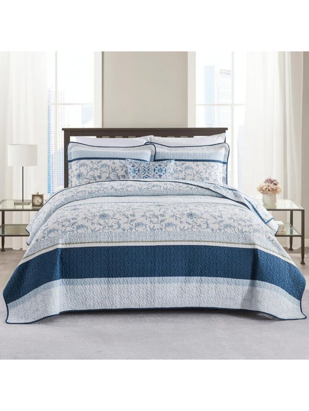 100% Cotton King Quilt Set - Botanical Print Bedspread with 2 Pillow Shams